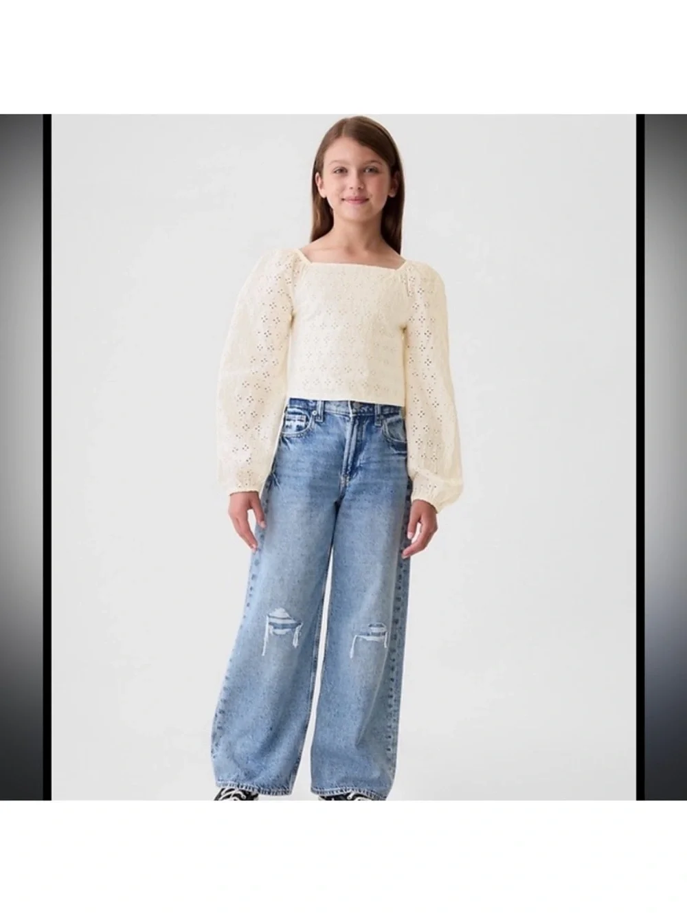 NWT Gap Kids white eyelet long sleeve Cropped Puff-Sleeve Shirt